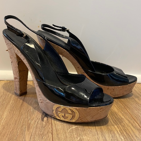 GUCCI 10 black patent cork platform shoe sandal heels - Picture 1 of 8